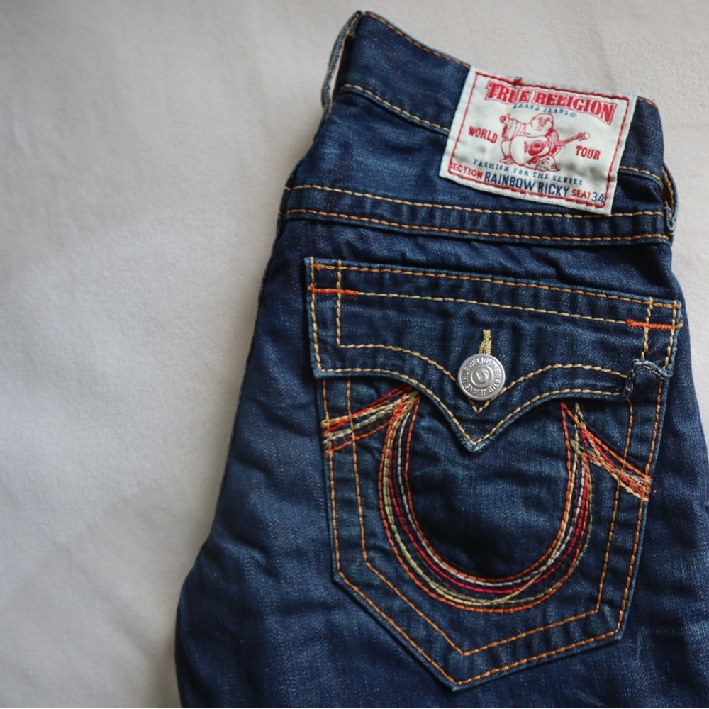True Religion Dark Blue Denim with Red and Yellow Stitching